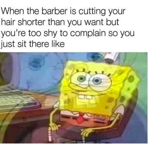 When the barber is cutting your
hair shorter than you want but
you're too shy to complain so you
just sit there like
