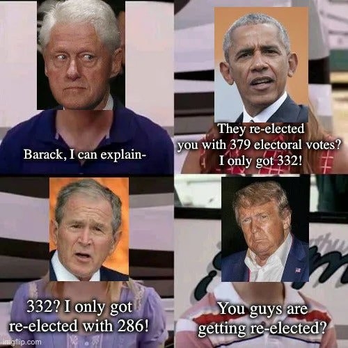 They re-elected
you with 379 electoral votes?
I only got 332!
Barack, I can explain-
332? I only got
re-elected with 286!
You guys are
getting re-elected?
imigfip.com
