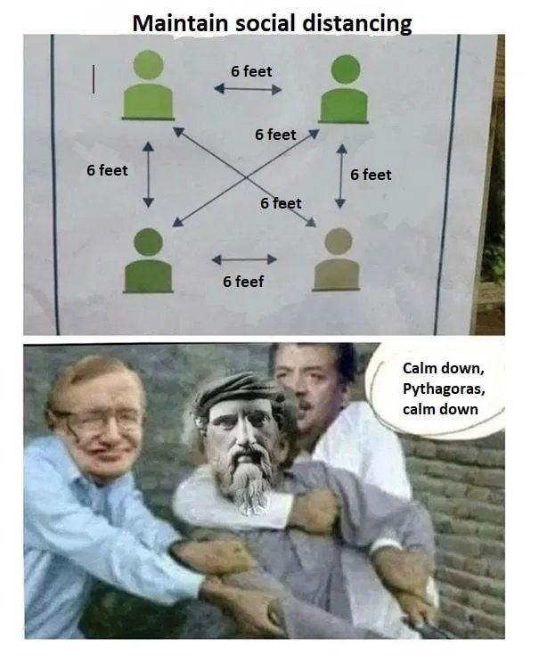 Maintain social distancing
6 feet
6 feet
6 feet
6 feet
6 feet
6 feef
Calm down,
Pythagoras,
calm down
