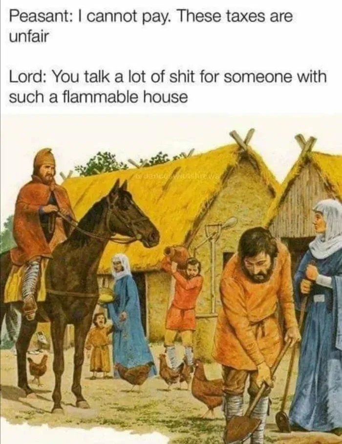 Peasant: I cannot pay. These taxes are
unfair
Lord: You talk a lot of shit for someone with
such a flammable house
